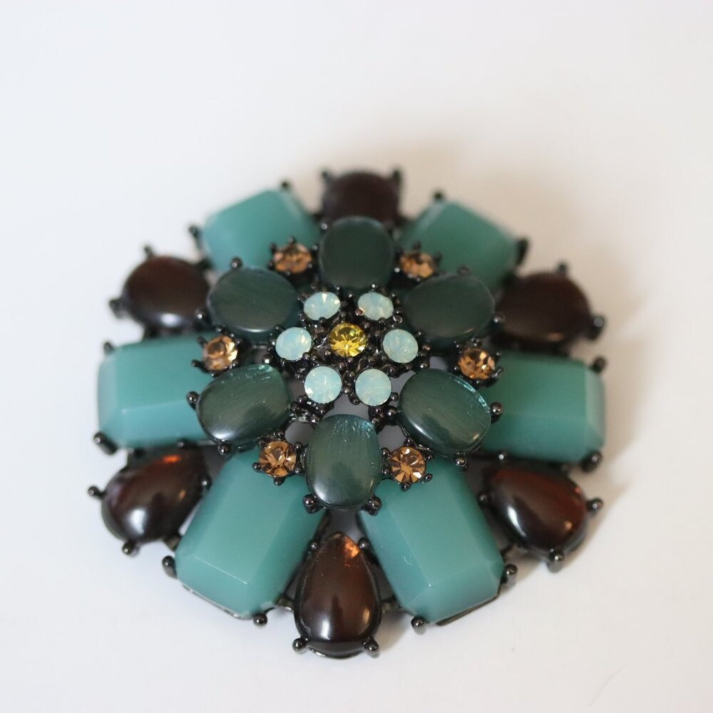 Vintage Signed Joan Rivers 2 1/4" Round Brooch Pin Turquoise and Brown Colors